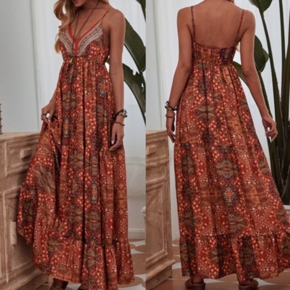 Bohemian Purple Ruffle Cami Maxi Dress Floral - Picture 7 of 11